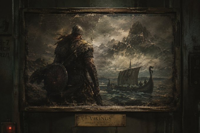 A dark, atmospheric illustration of a Viking warrior holding a shield, looking out at a longship on stormy seas with snowy mountains in the background, titled 'VIKINGS - COURAGE. HONOR. LEGACY.'