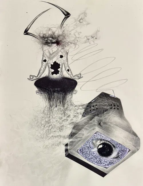 A surreal pencil and ink drawing features a meditating figure with smoke for a head and sharp protrusions, sitting above a large, detailed eye within a geometric shape.