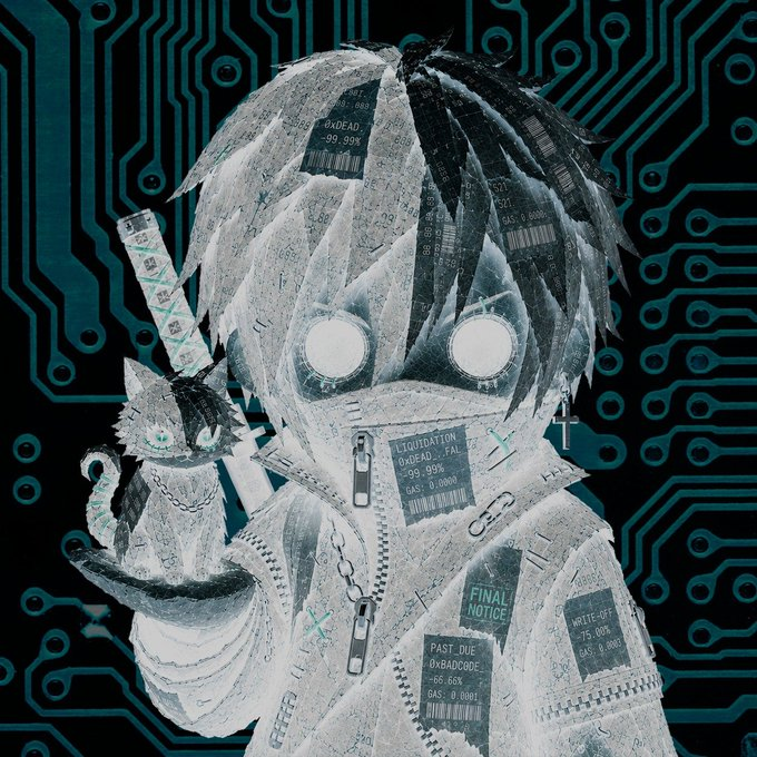Cyberpunk-style artwork of an anime character with glowing white eyes and a knife, composed of receipt-like textures with visible text including 'LIQUIDATION', 'FINAL NOTICE', 'PAST DUE', and 'WRITE-OFF' set against a dark circuit board background.