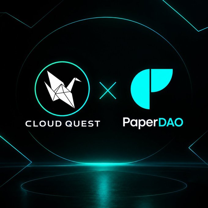 A promotional graphic on a dark background with cyan accents, displaying a collaboration between Cloud Quest and PaperDAO with their logos separated by an 'x'.