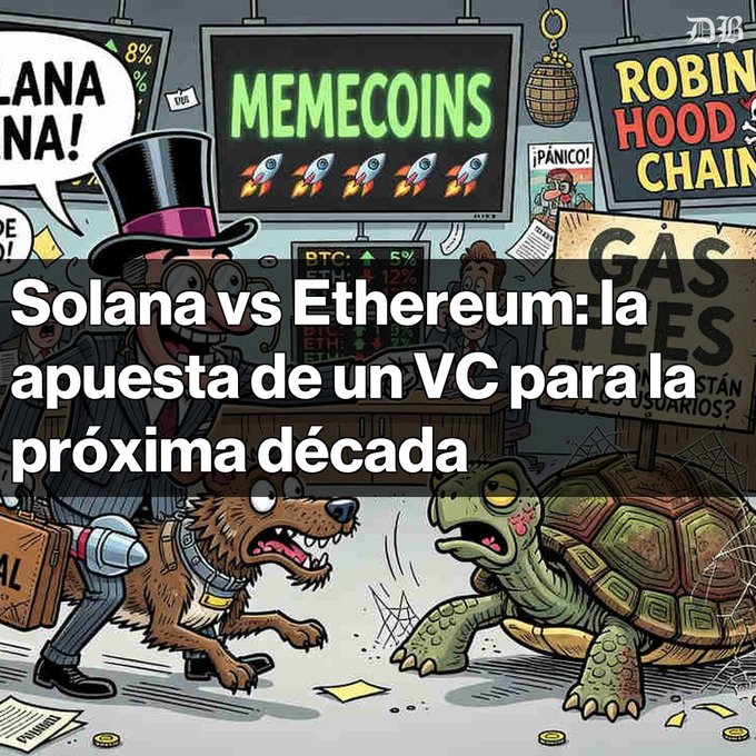 A cartoonish image depicts a frantic trading floor with a top-hatted figure and two animals (a dog and a turtle) reacting to chaos, alongside signs reading "MEMECOINS," "ROBIN HOOD CHAIN," and "GAS FEES," with overlays of "SOLANA," "BTC: 5%," and "ETH: -12%," captioned "Solana vs Ethereum: la apuesta de un VC para la próxima década." The image visually represents the article's debate, showing Solana as the speeding dog (momentum and memecoin-driven growth) versus Ethereum as the slower turtle (high gas fees), while the memecoin rockets and the "PÁNICO!" sign highlight the volatile, community-driven crypto market central to the investment argument.