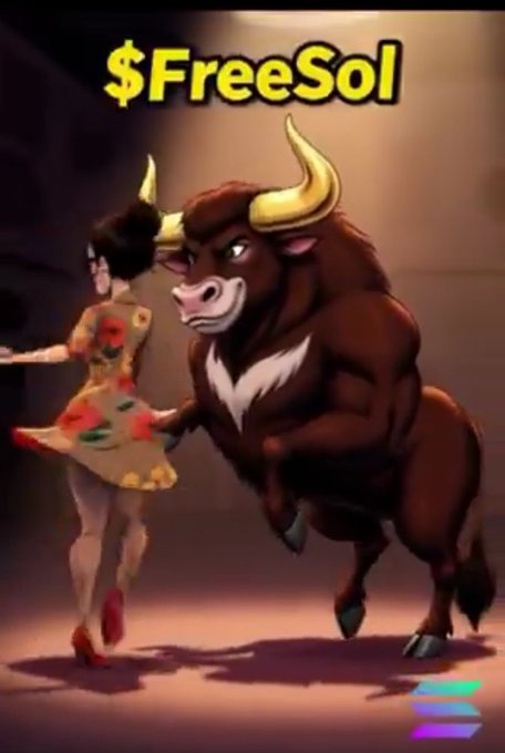 An animated illustration showing a woman in a floral dress dancing alongside a muscular brown bull with large golden horns, with yellow text '$FreeSol' at the top and a Solana logo in the bottom right corner.
