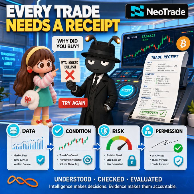 A promotional graphic for NeoTrade titled "EVERY TRADE NEEDS A RECEIPT" featuring cartoon characters, including one holding a "BTC LOOKED BULLISH ✗" sign, alongside a sample "TRADE RECEIPT" showing BTC/USDT at 63,842.21 marked "APPROVED," and four pillars—Data, Condition, Risk, and Permission—reinforcing the tagline "UNDERSTOOD · CHECKED · EVALUATED." The image visually illustrates the post's frustration with vague trading justifications by demanding structured, evidence-based accountability for every trade.