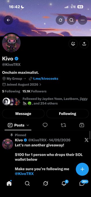 A screenshot of the X profile for "Kivo @KivoTRX" showing a pinned post dated 14/09/2026 announcing a giveaway of "$100 for 1 person who drops their $SOL wallet below" with over 15.1K followers.