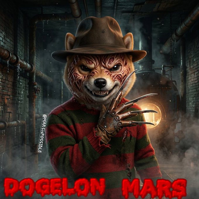 A horror-themed illustration titled 'DOGELON MARS' shows a menacing, scarred dog-like character wearing a brown fedora and a striped sweater, wielding clawed gloves in an industrial setting.