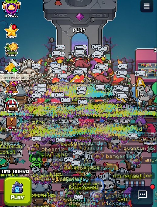 Screenshot of a heavily glitched mobile game interface with cartoonish graphics, featuring numerous overlaid usernames and a green 'PLAY' button at the bottom.