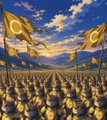 Small image showing a fantasy army of gold-armored warriors with flags standing in formation against a blue sky.