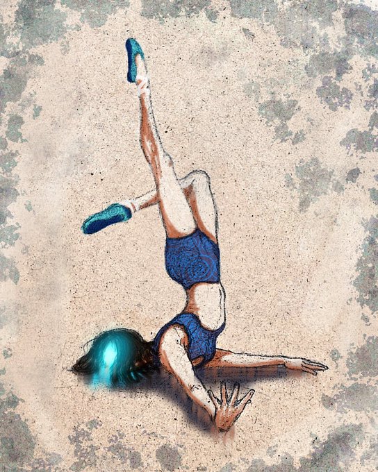 An artistic illustration shows a figure in a handstand position against a textured background, wearing blue athletic wear and shoes, with a glowing blue effect on the head.