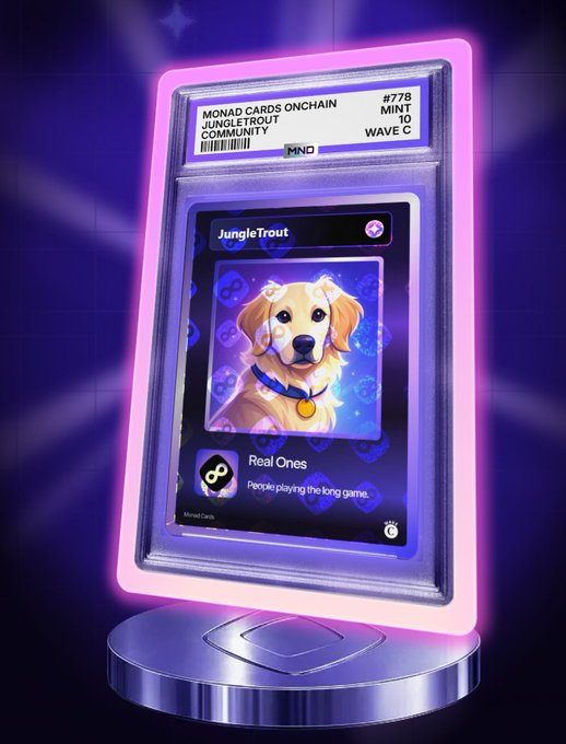 A digital display showing a Monad Cards Onchain NFT (#778, Mint 10, Wave C) featuring 'JungleTrout' - an illustrated golden retriever with a blue collar, branded as 'Real Ones' for the JungleTrout Community.