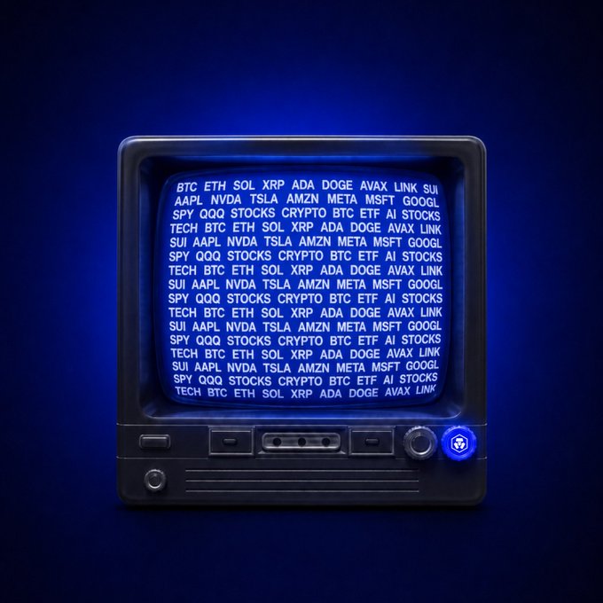 A retro CRT monitor with a glowing blue screen displays scrolling stock and crypto tickers, including BTC, ETH, SOL, XRP, ADA, DOGE, AVAX, LINK, SUI, AAPL, NVDA, TSLA, AMZN, META, MSFT, GOOGL, SPY, QQQ, TECH, STOCKS, CRYPTO, and AI STOCKS. The image ties directly to the "GM. What's making your watchlist?" post by visually representing a trader's monitor as a prompt to share their own market picks.