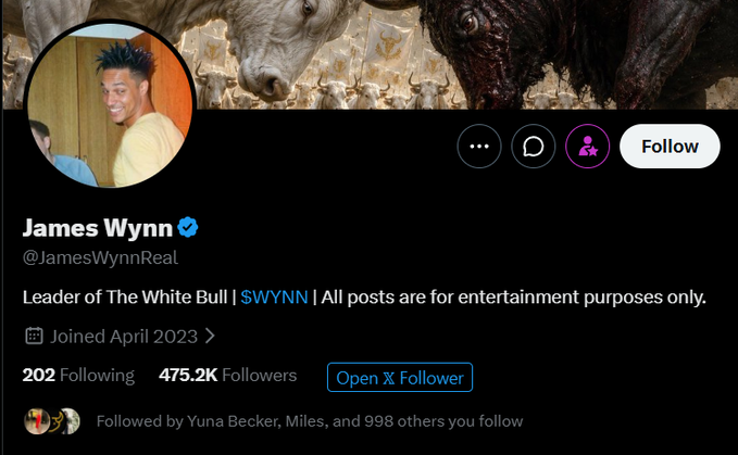 A Twitter/X profile page for James Wynn (@JamesWynnReal), who describes himself as "Leader of The White Bull" and has 475.2K followers, featuring a profile picture of him taking a mirror selfie. The post's question about him using "an Ansem PFP" refers to the profile photo shown, suggesting James Wynn changed his display picture to one resembling content creator Ansem's style.