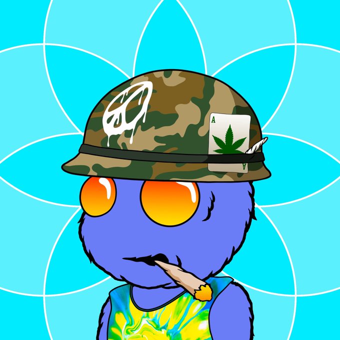 A cartoon-style NFT character with purple fur, orange eyes, and a tie-dye shirt wearing a camouflage helmet adorned with an ace of cannabis cards.