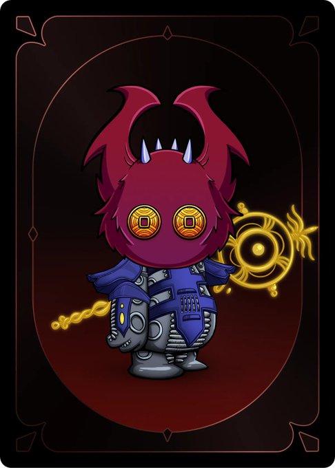 A character card featuring a small, robotic figure with a dark red, horned head and glowing yellow eyes, holding a golden, glowing magical staff.