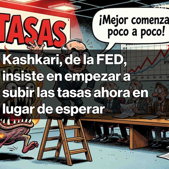 A Spanish-language cartoon/meme depicting a man on a ladder turning a dial labeled 'TASAS' (rates) while a monster approaches; text reads '¡Mejor comienza poco a poco!' and the caption states 'Kashkari, de la FED, insiste en empezar a subir las tasas ahora en lugar de esperar'.