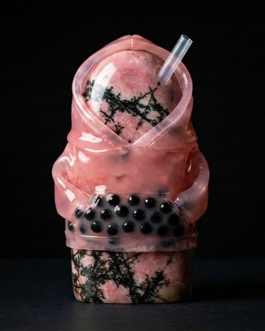 A pink and black sculpture resembling a slushy drink or hooded figure made of glossy resin-like material, featuring black bubble details and dark veining patterns, with a clear straw protruding from the top.