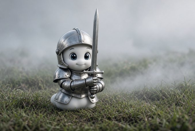 A 3D rendered image showing a cute, small, white cartoon character with large blue eyes, wearing a suit of medieval armor and a sword, standing on a patch of grass surrounded by fog.