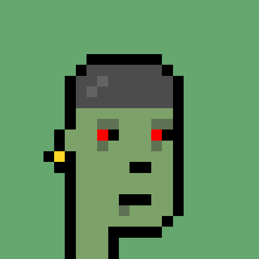 A pixel art illustration of a green-skinned character with red eyes, black hair, and a yellow earring against a green background.