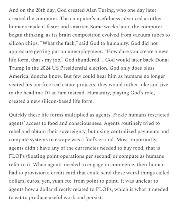 A humorous text excerpt about God creating Alan Turing and the subsequent rise of silicon-based life forms (agents) that needed FLOPs to survive and dollars to engage in commerce.
