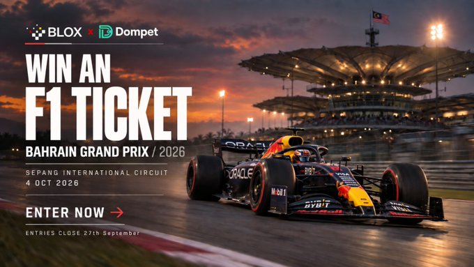 A promotional banner advertises a 'WIN AN F1 TICKET' contest by BLOX and Dompet for the Bahrain Grand Prix 2026 at Sepang International Circuit on 4 October 2026.