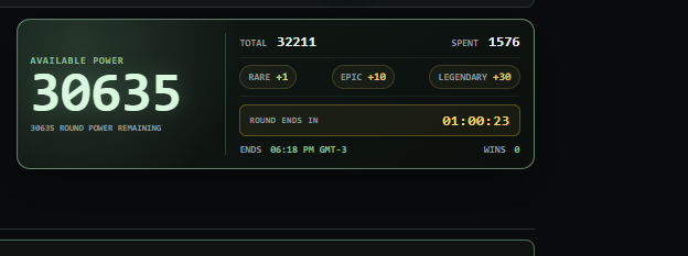 A dark-themed dashboard displaying game statistics, including 'AVAILABLE POWER 30635', 'TOTAL 32211', 'SPENT 1576', with rarity counts of 'RARE +1', 'EPIC +18', 'LEGENDARY +30', and a 'ROUND ENDS IN 01:00:23' timer.