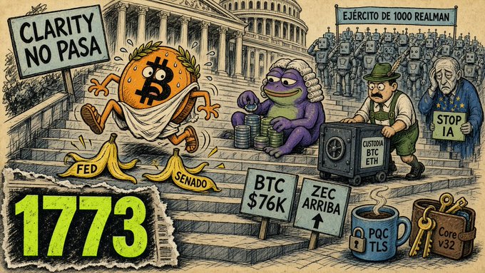 A satirical political cartoon featuring a sweating orange character wearing a Bitcoin logo toga climbing steps toward the Capitol, with signs reading 'CLARITY NO PASA,' 'FED,' 'SENADO,' 'BTC $76K,' 'ZEC ARRIBA,' and '1773,' alongside a 'STOP LA' sign and an 'EJÉRCITO DE 1000 REALMAN' in the background.