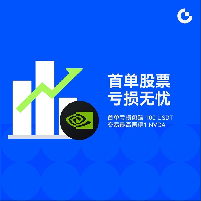 A promotional graphic on a blue background featuring white bar charts with an upward green arrow and the NVIDIA logo, advertising a "首单股票亏损无忧" (First Stock Trade Worry-Free) offer with up to 100 USDT loss compensation and the chance to earn 1 share of NVDA, directly mirroring the post's stock new user bonus details.