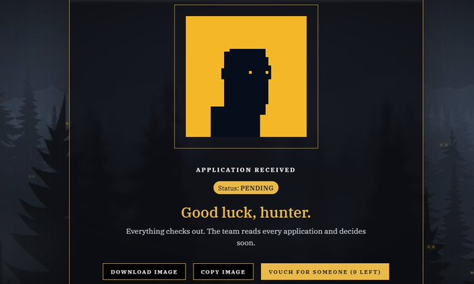 A pixelated yellow icon of a person wearing glasses appears on a dark background with the text 'APPLICATION RECEIVED' and 'Status: PENDING'. Below, it reads 'Good luck, hunter. Everything checks out. The team reads every application and decides soon.'