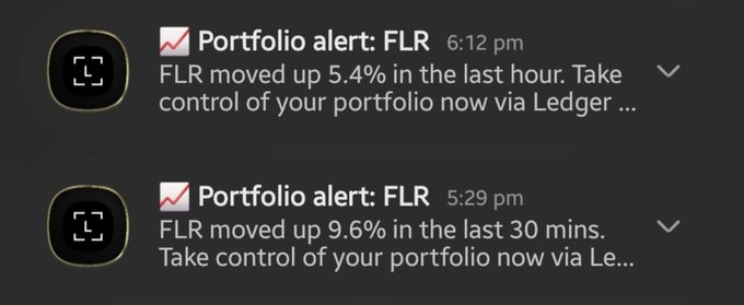 Mobile notifications from Ledger alert the user that FLR moved up 5.4% in the last hour and 9.6% in the last 30 minutes.