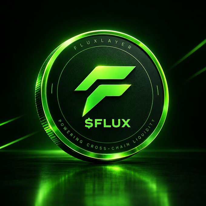A digital 3D rendering of a glowing green coin labeled "FLUXLAYER" and "$FLUX" with the tagline "POWERING CROSS-CHAIN LIQUIDITY," featuring a stylized "F" logo at the center.