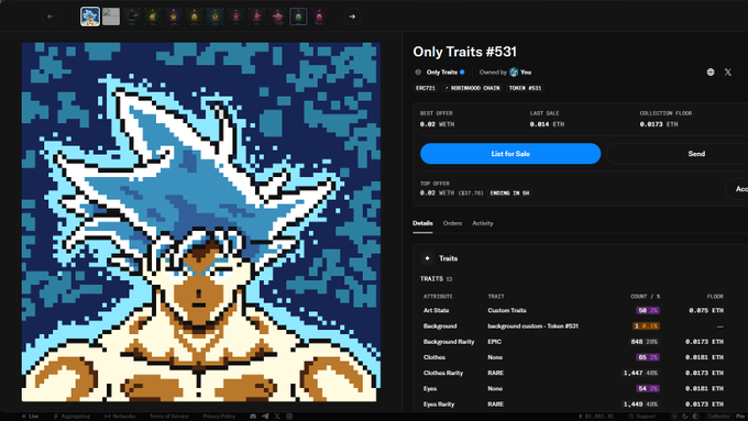 A screenshot of an NFT marketplace displaying a pixel art token titled 'Only Traits #531' featuring a blue-furred character, with attributes listed as 'Art State', 'Background', 'Clothes', and 'Eye', and a best offer of 0.02 ETH.
