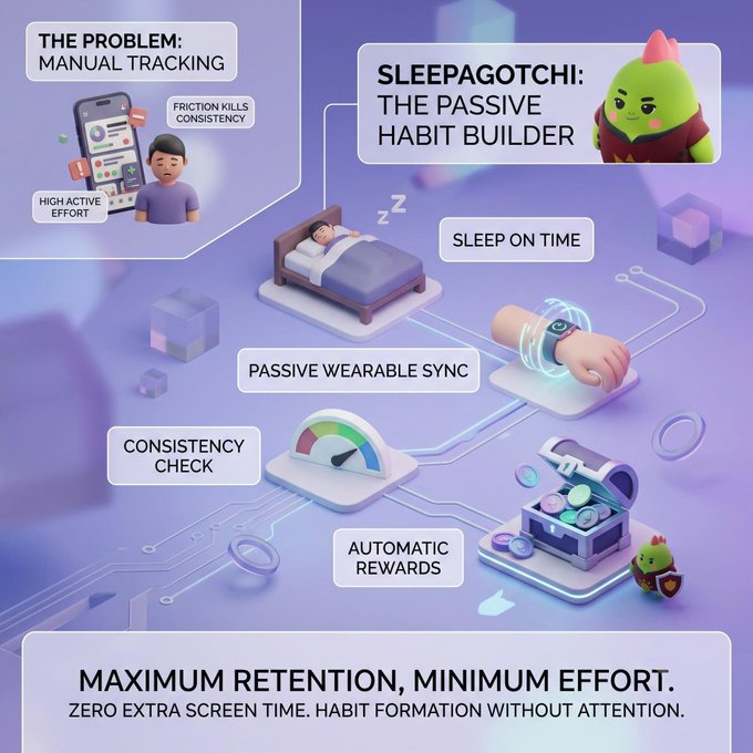 An infographic introducing 'SLEEPAGOTCHI: THE PASSIVE HABIT BUILDER', contrasting 'THE PROBLEM: MANUAL TRACKING' with features like 'PASSIVE WEARABLE SYNC' and 'AUTOMATIC REWARDS'.