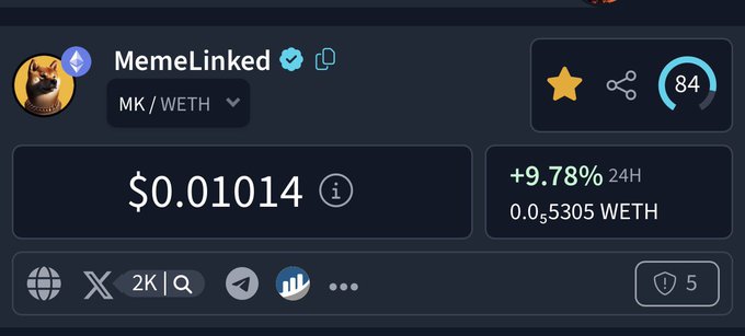 The image shows a token listing for MemeLinked (MK/WETH) priced at $0.01014, with a +9.78% 24-hour gain, 84% score, and the contract address 0xca76bf98b6e44df7360da8650e701f6d9d94bb58 visible in the URL field—matching the contract address in the post promoting $MK as a long-term social media competitor.
