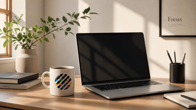 A minimalist workspace featuring a closed laptop on a wooden desk beside a colorful mug, a plant, and a framed "Focus" poster.