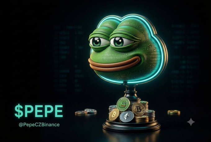 A 3D-rendered Pepe the Frog head encircled by a glowing neon ring sits atop stacks of crypto coins, with the text '$PEPE' and '@PepeCZBinance' displayed on the left.