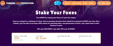 A webpage from the Famous Fox Federation titled 'Stake Your Foxes,' featuring a purple background and information about staking UFox to earn FOXy tokens with a 91% APY.