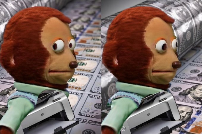 The image shows a side-by-side comparison of a monkey puppet character printed on money, positioned next to rolls of $100 bills and a money-counting machine, humorously suggesting that cryptocurrencies are "monkey business" compared to the legitimacy of the Federal Reserve's traditional fiat currency.