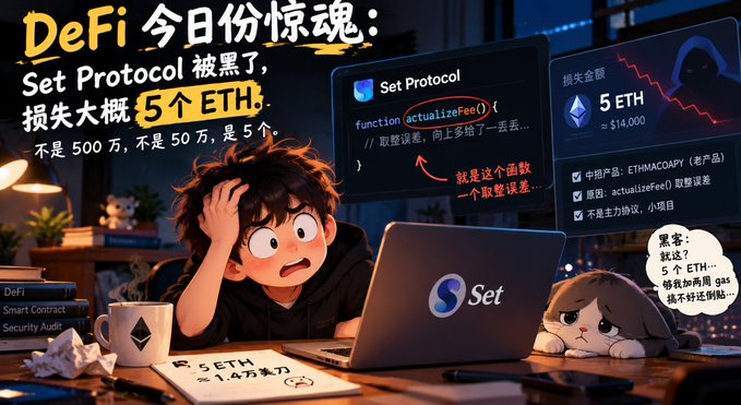 A cartoon illustration depicts a distressed developer at a laptop showing "Set Protocol" code with the `actualizeFee()` function highlighted, alongside text stating "DeFi 今日份惊魂: Set Protocol 被黑了, 损失大概 5个 ETH" and a breakdown showing the 5 ETH loss (~$14,000 USD) resulted from an integer overflow error in the smart contract. The image visually reinforces the post's message about the seemingly small but real DeFi exploit affecting the Set Protocol, emphasizing both the modest financial loss and the cause being a single function bug rather than a massive breach.