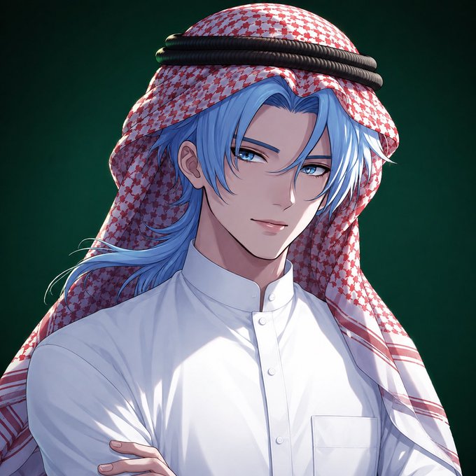 An anime-style character with blue hair wearing a white shirt and a red-and-white checkered keffiyeh (traditional Middle Eastern headdress) poses confidently against a dark green background. The image doesn't directly relate to NFTs, but serves as a stylish, eye-catching avatar or profile picture to engage the community with a "Gm" (good morning) greeting.