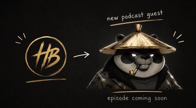 Promotional graphic featuring an 'HB' logo next to an illustrated panda wearing a traditional straw hat with the text 'new podcast guest' and 'episode coming soon'.