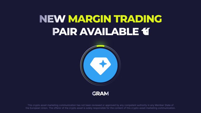 Promotional graphic announcing "NEW MARGIN TRADING PAIR AVAILABLE" for GRAM, featuring the GRAM token logo on a dark background, matching the post's announcement of the new $GRAM/$USDT leveraged trading pair on WhiteBIT.