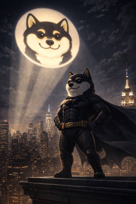 The image features a cartoon dog standing on top of a building, wearing a Batman costume with a cape and mask. In the background, there are buildings that appear to be part of a city skyline at night. The caption "Biggest sign $MANYU" suggests that this scene is related to an advertisement or promotional material for a product or service.
