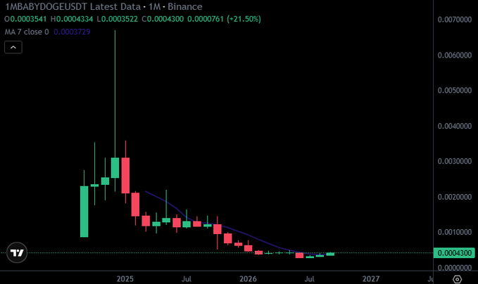 A candlestick chart titled '1MBABYDOGEUSDT Latest Data · 1M · Binance' showing a price spike followed by a downtrend, with logos for Rutgers, Sacred Heart, Stonehill, and UMass overlaid.