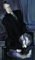 A dark, stylized painting or digital artwork depicts a figure in a black suit standing in shadow against a blue background, with abstract geometric shapes in purple and blue at their feet.