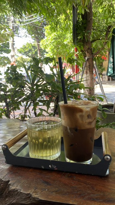 Two drinks—an iced coffee with a black straw and a glass of yellow liquid—sit on a wooden tray on a table with lush greenery in the background.