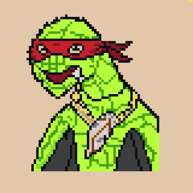 Pixel art depicting a green turtle character wearing a red ninja-style headband, with a shell on its back against a tan background.