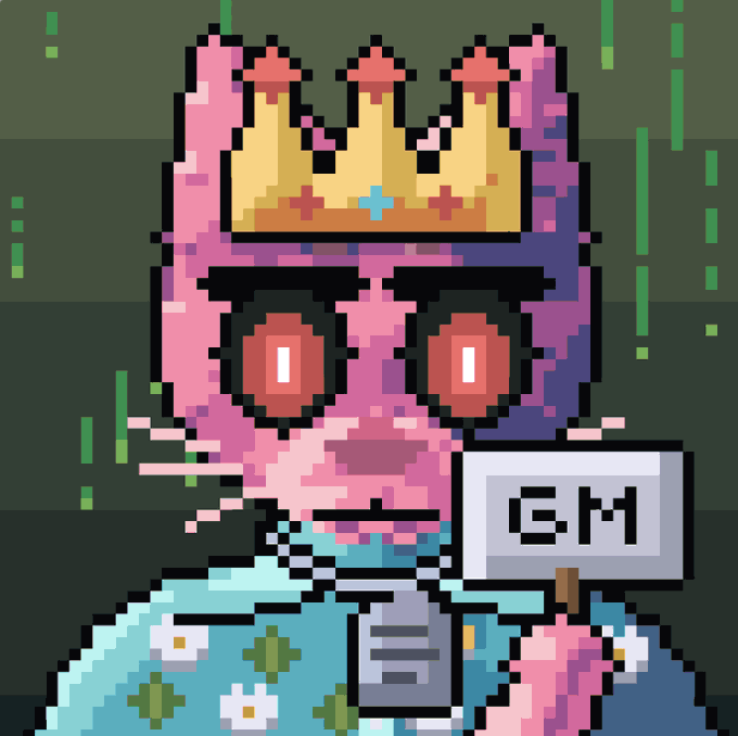 Pixel art illustration of a pink character wearing a yellow crown and a blue floral shirt, holding a sign that reads 'GM' against a dark green background.