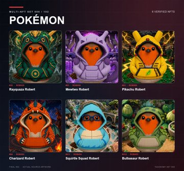 A promotional image displays six Pokémon-themed NFT collections, including Rayquaza, Mewtwo, Pikachu, Charizard, Squirtle, and Bulbasaur 'Robert' variants.
