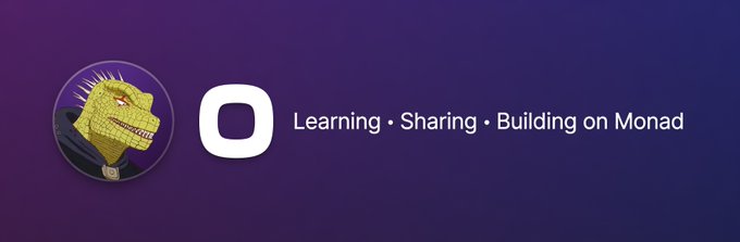 A purple banner features a yellow Godzilla-like character in a circle next to the Monad logo and the text 'Learning · Sharing · Building on Monad'.