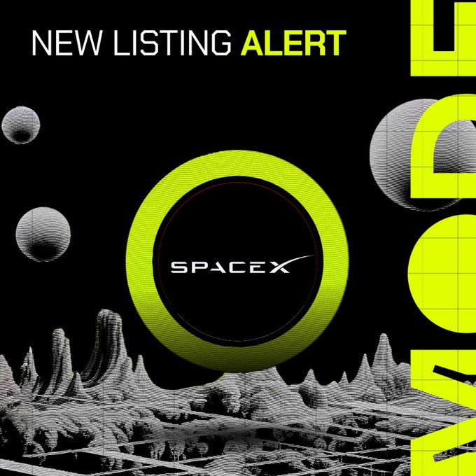 A bold graphic reading "NEW LISTING ALERT" features a SpaceX logo encased in a glowing neon ring against a retro-futuristic black backdrop with pixelated moons and grid-patterned terrain, while the right side displays large "SPCX" lettering in matching neon green—matching the post's announcement of SpaceX's listing at its IPO price.