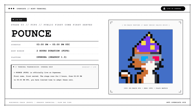 The image shows a webpage for the "POUNCE" NFT drop on OpenSea's "Neighborhood Chain" (Base) mint terminal, displaying a pixel art cat wearing 3D glasses and a party hat. It confirms the details from the post: a FCFS (First Come First Served) mint from 03:00 PM to 05:00 PM UTC, lasting 2 hours, with the collection noted as "Rare Indigo Calico" priced at 0 IPFS / Zero IPFS.
